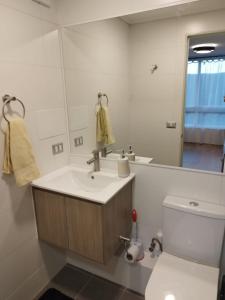 ein Badezimmer mit Waschbecken, Toilette und Spiegel in der Unterkunft Departamento en Viña del Mar, Vista uno norte in Viña del Mar