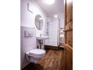 Holiday apartment Gutshof Bastorf في Bastorf: حمام مزود بمرحاض ومغسلة ومرآة