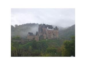 a castle on top of a hill in the mist at 4-star holiday apartments Weber in Winningen