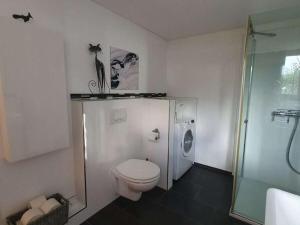 ein Badezimmer mit Toilette und Glasdusche in der Unterkunft holiday apartment in Backenreute