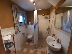 ein kleines Badezimmer mit Waschbecken und Toilette in der Unterkunft Chalet Bösleben in Bösleben-Wüllersleben + 23 Fotos