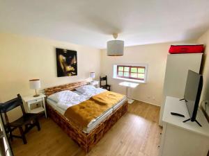 Un dormitorio con cama, escritorio y televisión. en Cabin in Quickborn with swimming pool, en Quickborn