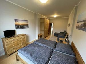 萨斯尼茨Holiday apartment with 2 bedrooms的一间卧室配有一张床、一个梳妆台和一张沙发