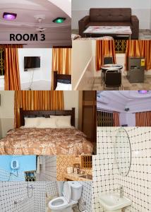 eine Collage aus Fotos eines Zimmers mit Bett und Toiletten in der Unterkunft Royal prima guest house, apartment and event center in Amanfro