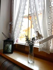 a vase with flowers sitting on a window sill at Ferienhaus Gollbichl in Sachrang