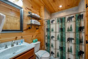a bathroom with a toilet and a shower curtain at Hibearnator in Sevierville