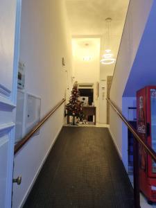 弗洛里亚诺波利斯Hotel FA Andrade的走廊上,房间里有一棵圣诞树