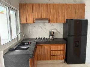 a kitchen with a black refrigerator and a sink at La casa blanca in Mezcales