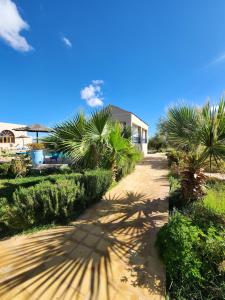 Un camino de tierra con palmeras y una casa. en Urti Villa, en Nzala