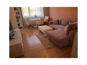 美茵河畔哈瑙Holiday apartment in Hanau with swimming pool的客厅里有一张沙发和一张桌子。