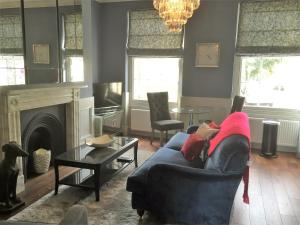 a living room with a blue couch and a fireplace at Hewlett Apartments in Cheltenham