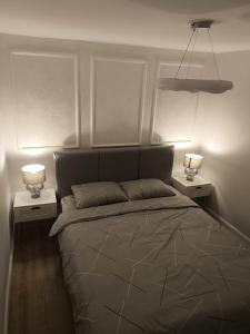 a bedroom with a large bed with two lamps at Pri Home in Pristina