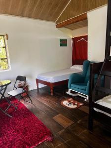 San VitoCabinas los Jilgueros的一间卧室配有一张床、一把椅子和地毯