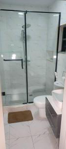 a bathroom with a shower and a toilet and a sink at Micangelo shortlet apartment in Idimu
