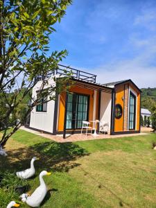 Ban Khlong KathonLhong Luk Khao Camping的草丛里有一间小房子，里面有两只鸭子。