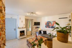 Villa Giasemi في سبيتسيس: غرفة معيشة مع أريكة ومدفأة