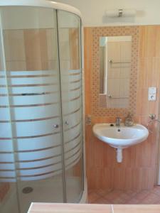 a bathroom with a shower and a sink at Apartmány Mikeš in Kašperské Hory