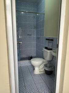 Casa Salo B2 في San Martín Zapotitlán: حمام من البلاط الأزرق مع مرحاض ودش