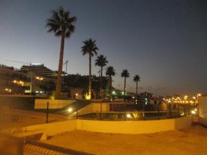 um parque de skate à noite com palmeiras e um navio de cruzeiro em Arenales del Sol em Arenales del Sol