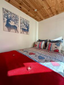 a bedroom with a bed with a red blanket at Glarner Spa I Private Sauna & Hot Tub & Alps View in Ennenda