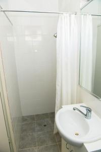 a bathroom with a sink and a shower at Bandicoot Motor Inn Hamilton in Hamilton