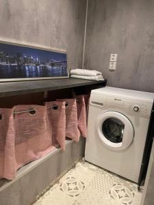 Un lavadero con lavadora con toallas rosas. en Brekkehagen, en Skien