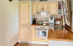 una piccola cucina con armadietti bianchi e forno a microonde di Stunning Home In Prokowo With Sauna a Prokowo