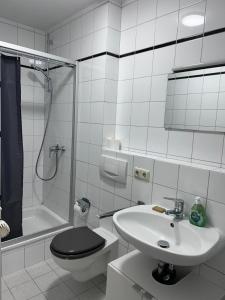 NiederdorlaStadt-Appartment Furth im Wald Drachenstich WLAN的带马桶和水槽的白色浴室