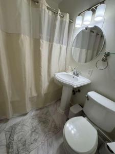 a bathroom with a toilet and a sink and a mirror at Bright 2BR and1BA Home Near Old Town, Metro, Airport and Potomac Yard in Alexandria