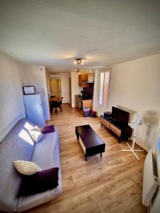 a living room with a couch and a table at Charmant appart climatisé in Draguignan