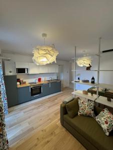 a living room with a couch and a kitchen at Central monarch 1 P&P Residence in Timişoara