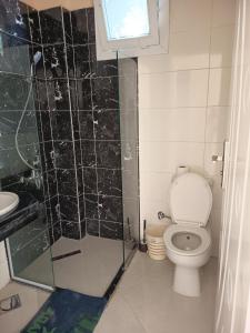 a bathroom with a toilet and a sink and a shower at Karima house B in Al Aqālitah +20 photos