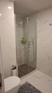 a bathroom with a shower and a toilet at Grand Sappfıre e4 in Larnaka