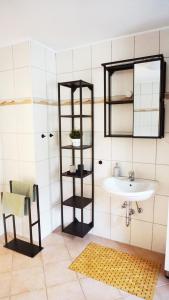 een badkamer met een wastafel en een spiegel bij Apartment am Golfplatz in Mackenbach in Mackenbach