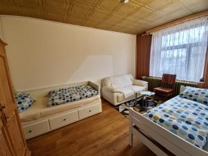 梅泽堡Ferienwohnung Fröhlich的一间卧室，有两张床、一张沙发和一把椅子