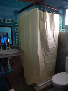 ein Bad mit einem Duschvorhang und einem WC in der Unterkunft Seheil Antique House in Jazīrat Salūjah