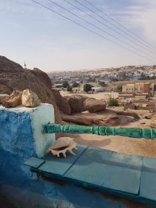 Eine Schildkröte sitzt auf einem blauen Tisch in der Unterkunft Seheil Antique House in Jazīrat Salūjah + 8 Fotos