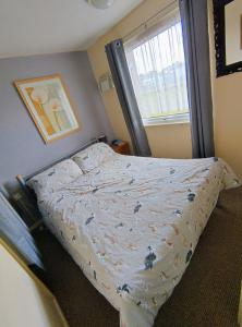 ein Bett in einem Schlafzimmer mit Fenster in der Unterkunft Antonia's Place 337 California Sands in Scratby