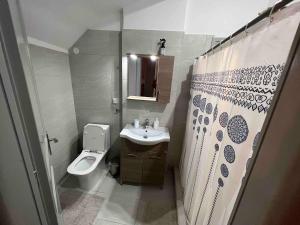 ein kleines Badezimmer mit Waschbecken und Toilette in der Unterkunft Eftyhia's Cozy apartment Patmos in Skala + 11 Fotos