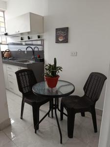 a table with chairs and a potted plant on it in a kitchen at Estancia Acogedora en Tacna in Tacna +11 photos