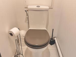 a white toilet in a bathroom with a roll of toilet paper at 2 Bedrooms, TV & Wifi in Villers-sur-Mer