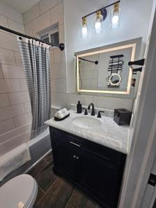 a bathroom with a sink and a toilet and a mirror at Fountain Square Dream Dwelling - Sleeps 8, Near Downtown, Stadiums & Nightlife in Indianapolis +37 photos