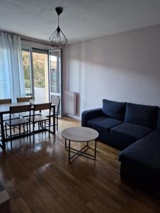 勒布伊Konos Suites Apartment in Puy-En-Velay的客厅里有一张蓝色的沙发和一张桌子