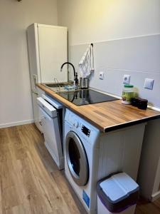 Ap Loft Cristo في Sobreda: مطبخ مع حوض وغسالة ملابس