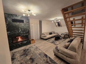 布雷佐维察Villa Hoxha Brezovicë的带沙发和壁炉的客厅
