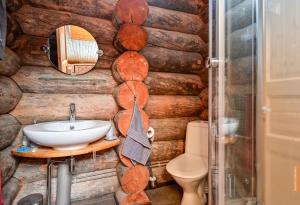 a bathroom with a wooden wall with a sink and a toilet at Käenpesän Aihki in Syöte +23 photos