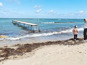 Una mujer y un niño de pie en la playa en 8 person holiday home in Græsted-By Traum, en Udsholt Sand