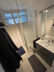 un baño con ducha y lavabo en Grand T2 lumineux et cosy - 1min Termes Marlioz, en Aix-les-Bains