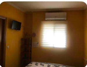 Dormitorio con ventana, cama y TV en Casa con encanto 1y perritos, en San Juan de Alicante