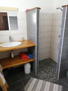 a bathroom with a sink and a shower at Lukila Bungalow chez Rustine et Pompette in Saint-François +28 photos